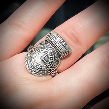 Load image into Gallery viewer, Preorder Sad Hour Clock Casket Plaque Ring Antiqued Sterling Silver
